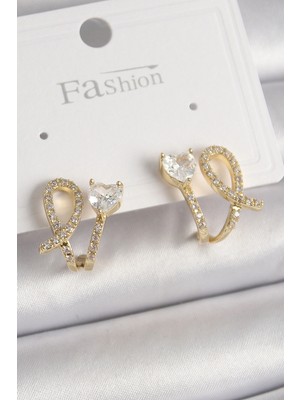 Luz&Pos Pirinç Gold Renk Düğüm Model Zirkon Taşlı Kalp Detay Kadın Küpe