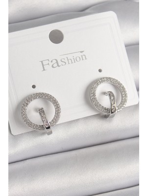 Luz&Pos Pirinç Gümüş Renk Zirkon Taşlı Halka Model Kadın Küpe