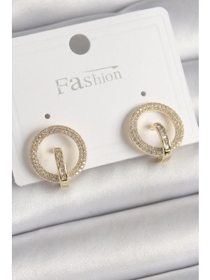 Luz&Pos Pirinç Gold Renk Zirkon Taşlı Halka Model Kadın Küpe
