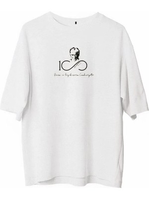 Luz&Pos Unisex Bisiklet Yaka Baskılı Oversize T-Shirt - Beyaz