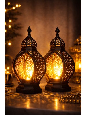 Printella 2’li Set Ramazan Feneri 16X12 cm | LED Tealight Hediyeli Modern Ev Ofis Dekor