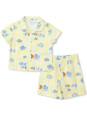 Hellobaby Hellobaby Erkek Bebek Kısa Kol Pijama Takımı Hayvan Baskılı Düğmeli Shirt Collar Kısa Paça Kısa Kol