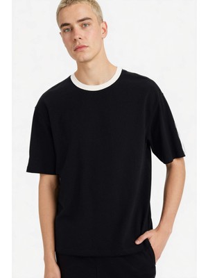 DeFacto Boxy Fit Bisiklet Yaka Pike Kısa Kollu Tişört F8673AX26SP