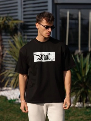 Luz&Pos Unisex Bisiklet Yaka Baskılı Oversize T-Shirt - Siyah