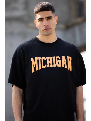 Luz&Pos Erkek Bisiklet Yaka Baskılı Oversize T-Shirt - Siyah