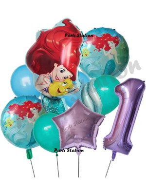 Parti Station Deniz Kızı Ariel 1 Yaş Mor Renk Balon Set Little Mermaid Balloon Set Deniz Kızı Ariel Doğum Günü Set