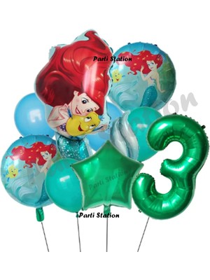 Parti Station Deniz Kızı Ariel 3 Yaş Yeşil Renk Balon Set Little Mermaid Balloon Deniz Kızı Ariel Doğum Günü Set