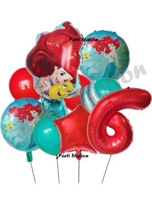 Parti Station Deniz Kızı Ariel 6 Yaş Kırmızı Renk Balon Set Little Mermaid Balloon Deniz Kızı Ariel Doğum Günü Set