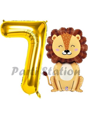 Parti Station Aslan Balon 7 Yaş Balon Set Safari Konsept Aslan Balon ve Gold Renk Rakam Balon