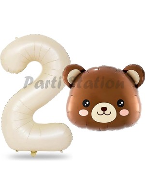 Parti Station Sevimli Ayıcık Kafa Balon 2 Yaş Balon Set Woodland Konsept Ayı Balon ve Krem Renk Rakam Balon
