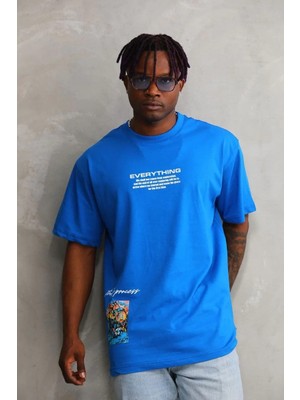 Luz&Pos Unisex Bisiklet Yaka Baskılı Oversize T-Shirt - Mavi