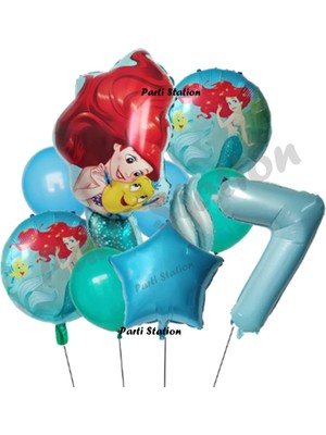 Parti Station Deniz Kızı Ariel 7 Yaş Mavi Renk Balon Set Little Mermaid Balloon Deniz Kızı Ariel Doğum Günü Seti