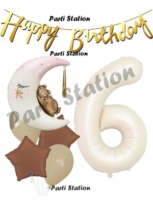 Parti Station Sevimli Ayıcık Krem Renk Rakam Balon Set 6 Yaş Ay Dede Uyuyan Ayıcıklı Krem Renk Rakam Folyo Balon