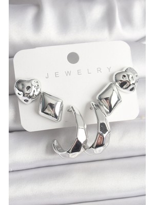 Luz&Pos Gümüş Renk Kalp Halka Figür Ccb Plastik Kadın Küpe Seti