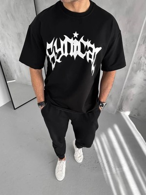 Luz&Pos Erkek Bisiklet Yaka Baskılı Oversize T-Shirt - Siyah