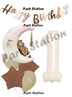 Parti Station Sevimli Ayıcık Krem Renk Rakam Balon Set 1 Yaş Ay Dede Uyuyan Ayıcıklı Happy Birthday Balon Set