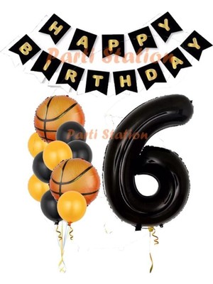 Parti Station Basketbol Konsept 6 Yaş Siyah Balon Set Basketbol Tema Doğum Günü Balon Seti