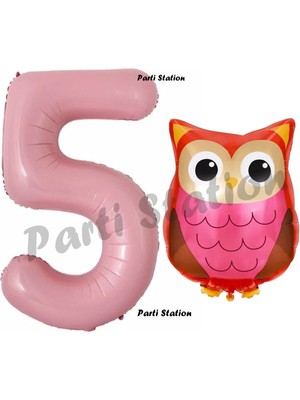 Parti Station Woodland Baykuş Konsept 5 Yaş Balon Set Sevimli Baykuş Owl ve Pembe Rakam Balon Doğum Günü Balon Set