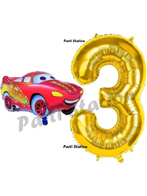 Parti Station Cars Arabalar Balon Konsept 3 Yaş Balon Set Şimşek Mcqueen Balon ve Gold Rakam Balon Doğum Günü Set