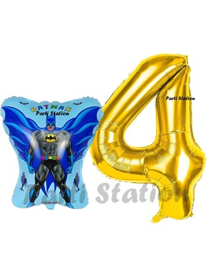 Parti Station Batman Konsept 4 Yaş Balon Set Batman Yarasa ve Gold Rakam Balon Doğum Günü Balon Set