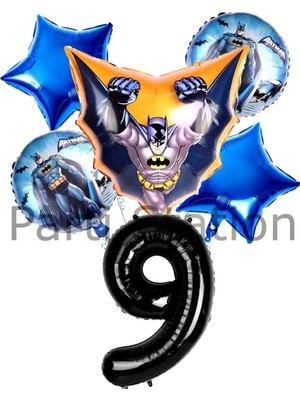 Parti Station Batman 9 Yaş Rakam Yıldız Balon Set Yarasa Adam Batman Doğum Günü Balon Set