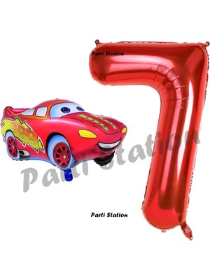 Parti Station Cars Arabalar Balon Konsept 7 Yaş Balon Şimşek Mcqueen Balon ve Kırmızı Rakam Balon Doğum Günü Set