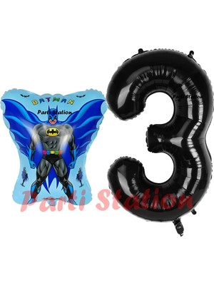 Parti Station Batman Konsept 3 Yaş Balon Set Batman Yarasa ve Siyah Rakam Balon Doğum Günü Balon Set