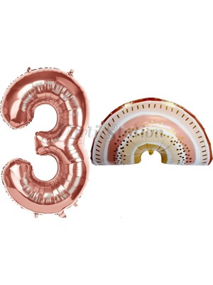 Parti Station Bohem Gökkuşağı 3 Yaş Balon Set Boho Rainbow Konsept Balon ve Rosegold Rakam Balon