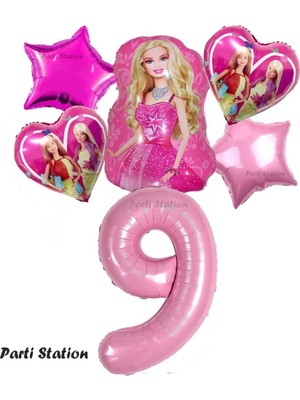 Parti Station Barbie Folyo Balon Set Barbie Kalp Pembe 9 Yaş Balon Set Barbie Konsept Doğum Günü Set Yaş Balon Set