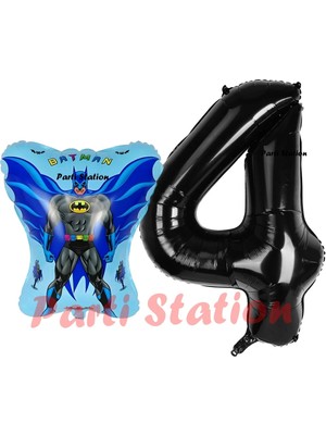 Parti Station Batman Konsept 4 Yaş Balon Set Batman Yarasa ve Siyah Rakam Balon Doğum Günü Balon Set