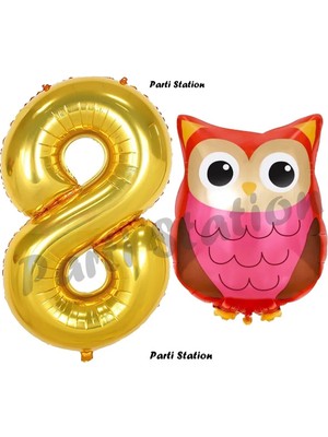 Parti Station Woodland Baykuş Konsept 8 Yaş Balon Set Sevimli Baykuş Owl ve Gold Rakam Balon Doğum Günü Balon Set