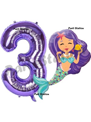 Parti Station Mermaid Deniz Kızı 3 Yaş Balon ve Mor Rakam Balon Doğum Günü Parti Balon Set