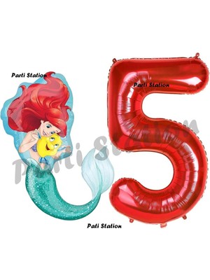 Parti Station Mermaid Deniz Kızı Ariel 5 Yaş Balon ve Kırmızı Rakam Balon Doğum Günü Parti Balon Set