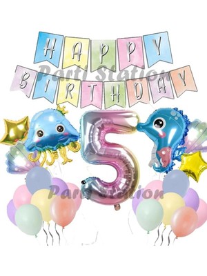 Parti Station Okyanus Hayvanları Deniz Canlıları 5 Yaş Balon Set Deniz Anası Deniz Atı Happy Birthday Balon Set