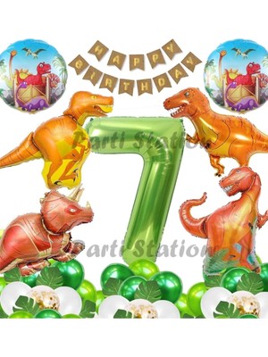 Parti Station Orman Tema Jurassic Park Dinozor Konsept Yeşil Rakam Balon 7 Yaş Dev Balonlu Doğum Günü Balon Set