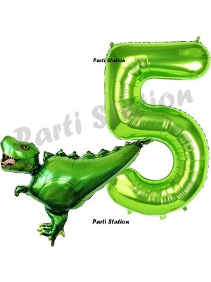 Parti Station T-Rex Dinozor Konsept 5 Yaş Balon Set Dinozor Balon ve Yeşil Rakam Balon Doğum Günü Set