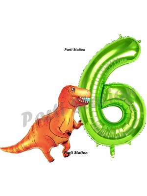 Parti Station Dinozor Konsept 6 Yaş Balon Set Dinozor T-Rex Balon ve Yeşil Rakam Balon Doğum Günü Set
