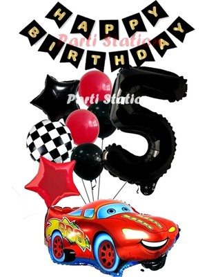 Parti Station Cars Şimşek Mcqueen Yarış Arabası Konsept 5 Yaş Balon Set Cars Doğum Günü Happy Birthday Balon Set