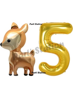 Parti Station Woodland Geyik Balon 5 Yaş Balon Set Sevimli Ceylan Balon ve Gold Rakam Balon Doğum Günü Seti
