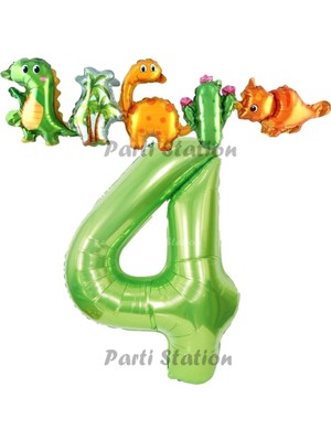 Parti Station Yeşil Renk Rakam Balonlu Dinozor 4 Yaş Doğum Günü Parti Yapışık Balon Set Dinozor Tema Parti Set