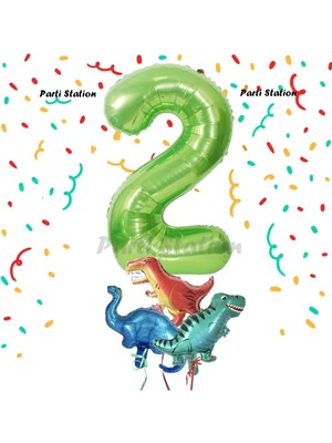 Parti Station Yeşil Renk Rakam Balonlu Küçük Boy Dinozor Balonlu 2 Yaş Dinozor Konsept Doğum Günü Parti Balon Set