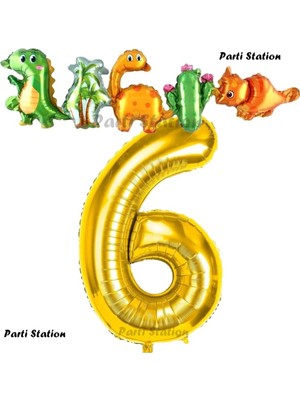 Parti Station Altın Renk Rakam Balonlu Dinozor 6 Yaş Doğum Günü Parti Yapışık Balon Set Dinozor Tema Parti Set