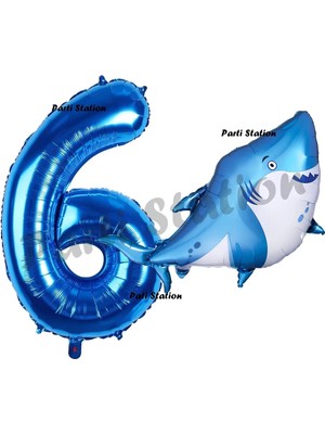 Parti Station Köpek Balığı Balon 6 Yaş Doğum Günü Balon Set Köpek Balığı Konsept Balon ve Lacivert Rakam Balon