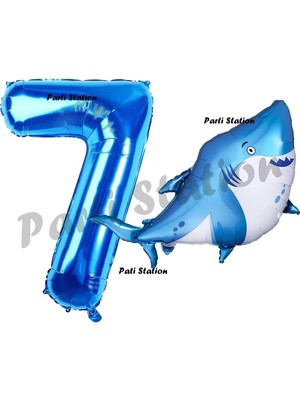 Parti Station Köpek Balığı Balon 7 Yaş Doğum Günü Balon Set Köpek Balığı Konsept Balon ve Lacivert Rakam Balon