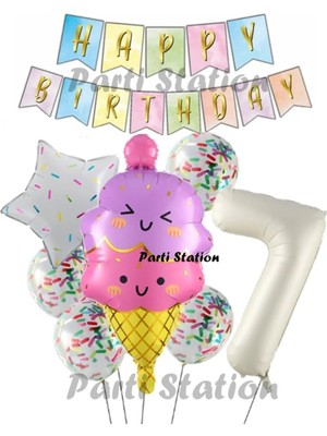 Parti Station Ice Cream Dondurma Konsept Doğum Günü 7 Yaş Balon Set Yaz Tema Sevimli Dondurma Folyo Balon Set