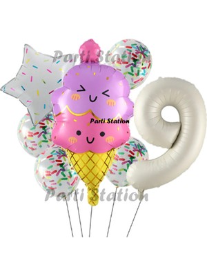 Parti Station Dondurma Ice Cream Konsept Doğum Günü 9 Yaş Balon Set Yaz Tema Sevimli Dondurma Folyo Balon Set