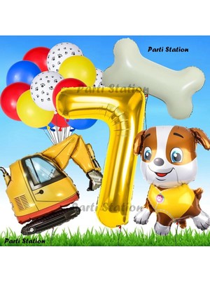 Parti Station Paw Patrol Rubble Dozer Araçlı Köpek Konsept 7 Yaş Doğum Günü Parti Balon Set Paw Patrol Kemik Balon
