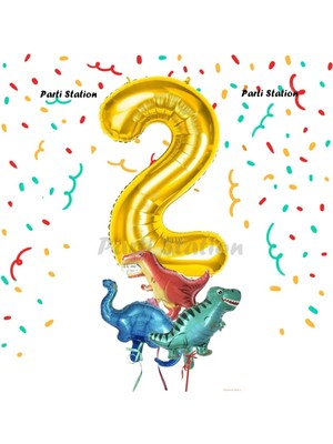 Parti Station Altın Renk Rakam Balonlu Küçük Boy Dinozor Balonlu 2 Yaş Dinozor Konsept Doğum Günü Parti Balon Set