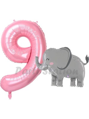 Parti Station Sevimli Fil Balon 9 Yaş Doğum Günü Balon Set Safari Konsept Fil Balon ve Pembe Renk Rakam Balon