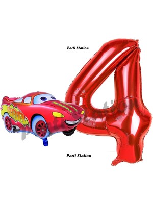 Parti Station Cars Arabalar Balon Konsept 4 Yaş Balon Şimşek Mcqueen Balon ve Kırmızı Rakam Balon Doğum Günü Set
